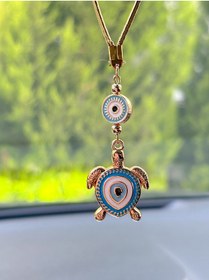 Resim Azrua Yaldızlı Açık Mavi Kaplumbağa Nazar Boncuklu Araba Ayna Süsü Araba Nazarlık Nazar Koruması 