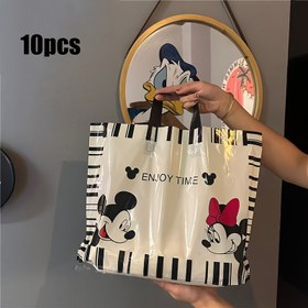 Resim 10 adet Mickey & Minnie Mouse Plastik Tote Çantaları - Şık Siyah ve Beyaz Tasarım ile Polka Dots, "Zaman Eğlence" Yazısı, Hediye, Alışveriş ve Parti Hediyeleri için Mükemmel, Hediye Çantaları 