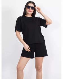 Resim Mzpkartan Osy Modal Yumuşak Dokulu Kumaş Kadın Bisiklet Yaka T-shirt Kısa Şort İkili Takım - Siyah Siyah 