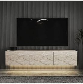 Resim Neon LED Işıklı Duvara Monte, 3 Kapaklı TV Sehpası - 160 cm - Modern Tasarım, Traverten Desen 