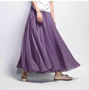 Resim Kadın Zarif Yüksek Bel Keten Maxi Etek Yaz Bayanlar Rahat Elastik Bel 2 Katmanlar Etekler Saia Feminina Mor 