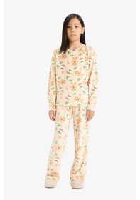 Resim Defacto Kız Çocuk Yılbaşı Temalı Pijama Takımı Kadife Uzun Kollu Üst Uzun Alt F1210a825aubg358 Bej-bg358 