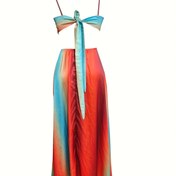 Resim Kemerli Şık Gradyan Renkli Plaj Elbisesi - Kolsuz Askısız Maksi Mayo, Deniz Manzarası, Polyester Kumaş, Yetişkinler İçin Yaz Stili, Plaj Kıyafeti | Gradyan Tasarım | Polyester Elbise 