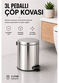 Resim Pedallı Çöp Kovası 3 Litre İç Kovalı Kapaklı Banyo Çöp Kutusu Krom - Elit 7003 