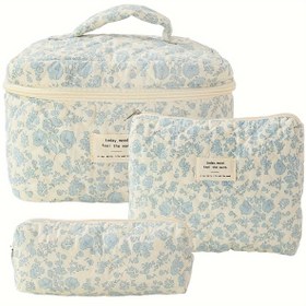 Resim Quilted makyaj çantası seti, çiçek desenli makyaj çantası, görünmez seyahat çok fonksiyonlu depolama çantası Tuvalet çantası, Kadın hediyesi 