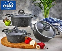 Resim Eda Asya Cam Kapaklı 3'lü Granit Döküm Gri Derin Tencere Seti ZK906 