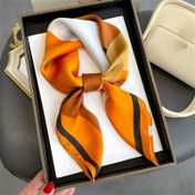 Resim 1'li Paket Kadınlar için Geometrik Desenli Kare Eşarp - Yumuşak Taklit Saten, Hafif Çok Amaçlı Boyun Eşarpi, Saç Bandı & Şal Turuncu/Beyaz/Siyah/Bej - Zarif Günlük Moda Aksesuarı ve Rüzgar Kalkanı 