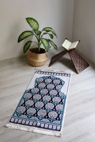 Resim Keseli Ipek Dokulu Seccade S1001 Mavi Beyaz 