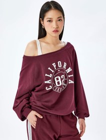 Resim Kolej Baskılı Omzu Açık Kayık Yaka Oversize Sweatshirt 