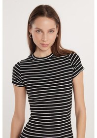 Resim Tudors Kadın Slim Fit Dar Kesim Kısa Kollu Bisiklet Yaka Çizgili Elbise-33576 Multi 