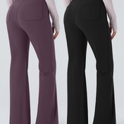 Resim 2 Adet Yüksek Bel Kadınlar İçin Ön Cep Detaylı Flare Paça Pantolon - Esnek, Zayıflatıcı Günlük Zil Paça Pantolonlar Yoga & Antrenman İçin, Mor & Siyahta Rahat Uzun Pantolonlar, Yoga Pantolonları|Yüksek Bel Pantolonlar|Düzgün Kumaş Bitişi, Yoga Pantolonları 