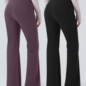 Resim 2 Adet Yüksek Bel Kadınlar İçin Ön Cep Detaylı Flare Paça Pantolon - Esnek, Zayıflatıcı Günlük Zil Paça Pantolonlar Yoga & Antrenman İçin, Mor & Siyahta Rahat Uzun Pantolonlar, Yoga Pantolonları|Yüksek Bel Pantolonlar|Düzgün Kumaş Bitişi, Yoga Pantolonları 