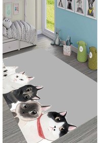 Resim Dijital Baskılı Gri Kediler Desenli Dekoratif Yıkanabilir Kaymaz Taban Çocuk Halısı Çok Renkli 