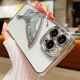 Resim Coverzone iPhone 17 ile Uyumlu 3D Kelebekli Sıvılı Simli Şeffaf Gümüş Çerceve LunaFlow Telefon Kılıfı Kamera Lens Korumalı Lüks Parlak Koruyucu Kapak 