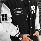 Resim Erkekler için Moda R-Harfi Patchwork Rahat Sokak Stili Beyzbol Ceketi - Polyester, Bordo & Siyah Beyaz Çizgili, Düğme Kapatma, Cepli 