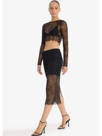 Resim DeFacto Slim Fit Dar Kesim Astarlı Midi Dantelli Etek E0465AX24AUBK81 Siyah 