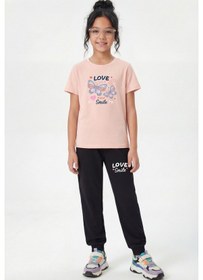 Resim Fyk Kids Yuvarlak Yaka Tişörtlü Uzun Eşofman Altlı Baskı Detaylı Kız Çocuk Alt Üst Takım Somon 