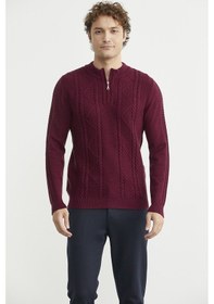 Resim Yarım Fermuarlı Dik Yaka Triko Kazak - Bordo Bordo 