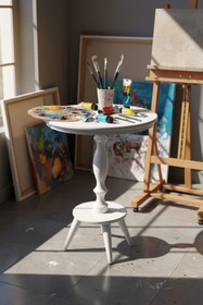 Resim Evnalia Dekoratif Fiskos Ahşap Torna Beyaz Cilalı Ayak Mdf Yan Sehpa Çiçeklik Vazo Abajur Standı 52 Cm Çap 