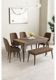 Resim Mabel Barok Desen 80x132 Mdf Açılabilir Mutfak Masası Takımı 4 Sandalye 1 Bench Kahverengi 