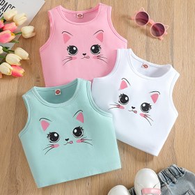 Resim Kızlar için Üç Parçalı Çok Renkli Moda Karikatür Baskılı Yelek Seti 