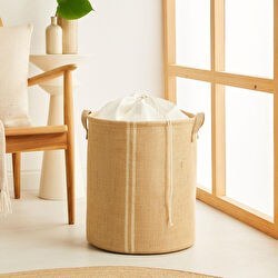 Resim Ağzı Büzgülü Çizgili Jüt Çamaşır Sepeti 36 X 40 Cm 
