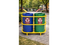 Resim Hijyen Dükkanı 2'li Kasalı Geri Dönüşüm Kovası Seti Boyalı Metal Gövde Sıfır Atık Kutusu Kağıt ve Plastik Ünitesi S-124 