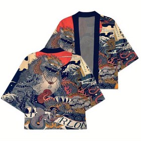 Resim 1 adet Aslan Kimono Bornozu - Yazlık Rahat Gevşek Kesim Polyester Kimono Aplike Tasarımıyla, Hafif ve Nefes Alabilir, Sadece Elde Yıkama veya Kuru Temizleme, Çin Boyutu, Lütfen Boyut Rehberini Dikkatlice Kontrol Edin 