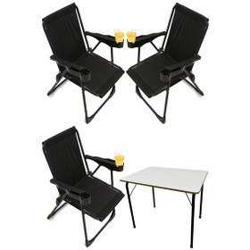 Resim Silva 3 Adet Kamp Sandalyesi Bardaklıklı Lüks Siyah + MDF Masa Siyah 