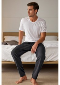 Resim Elemge %100 Pamuk Süprem Erkek Pijama Altı Antrasit Cepli Rahat Kalıp Relax Fit Lastikli Ipli Terletmez 