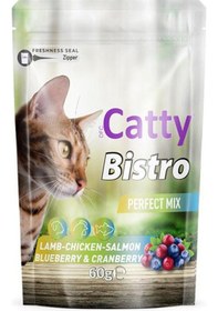 Resim Catty Bistro Mükemmel Karışım Kuzulu Tavuklu Somonlu Yaban Merisnli Ve Kızılcıklı Kedi Ödül Maması 60 Gr 