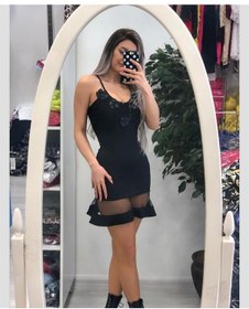 Resim Pink Life Transparan Detaylı Güpürlü Askılı Mini Elbise-siyah Siyah 