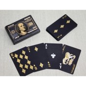 Resim Altın Desenli Dolar Kutulu Iskambil Kartı – Lüks Siyah Gold Oyun Kağıdı Seti | Su Geçirmez, Dayanıklı ve Şık Tasarım 