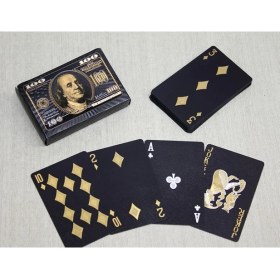 Resim Altın Desenli Dolar Kutulu Iskambil Kartı – Lüks Siyah Gold Oyun Kağıdı Seti | Su Geçirmez, Dayanıklı ve Şık Tasarım 