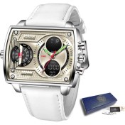 Resim Hanyang Beyaz Lıge Yeni Erkekler Için Izle Kare Dijital Su Geçirmez Kuvars Kol Saati Spor Erkek Saatler Çift Ekran Saat Relogio Masculino + Kutu (Yurt Dışından) 