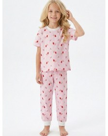 Resim Bunny Hopp Kiraz Desenli Çizgili Kısa Kollu Kız Çocuk Pijama Takımı - %100 Pamuklu Pembe Uyku Seti Pembe - Beyaz 