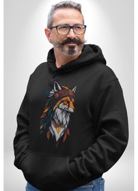 Resim Kızılderili Tilki Kadın Erkek Siyah Kapüşonlu Sweatshirt Hoodie Siyah 