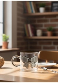 Resim Lebron Borosilikat Cam Kupa Kurdelalı Şeffaf Kahve & Çay Bardağı Siyah Renk 