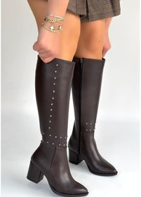 Resim Sivri Burun Yandan Fermuarlı Topuklu Diz Altı Çizme Kahverengi Topuk Boyu 7 Cm Kahverengi 