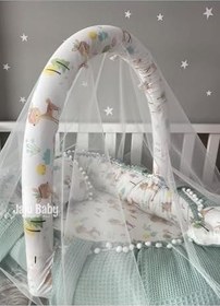 Resim Nest Wafle Yeşil Pike Kumaş Poplin Kumaş Ponponlu Jaju-babynest Oyuncak Aparat Ve Tül Set 