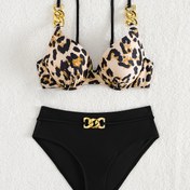 Resim Kadınlar için Seksi Leopar Desenli Bölünmüş Bikini Takımı - Şık Siyah ve Pembe, Yüksek Esneklikli Kumaş, Kolsuz, Halka Detayı, Plaj ve Havuz için Mükemmel, Plaj Kıyafeti|Kolsuz Mayo|Esnek Kumaş 