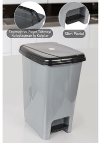 Resim Pedallı Gri Banyo Mutfak Çöp Kovası Siyah Kapaklı Slim Pedallı Çöp Kovası 8 Litre Gri 