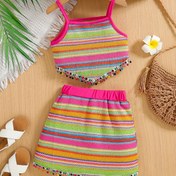 Resim Kızlar için 2 Parça Set, Etnik Çizgili Örgü Jersey Volanlı Camisole Üst + Fırfırlı Etek Midi Kıyafet Modası Günlük Giyim, Açık Hava Piknikleri, Banketler, İlkbahar/Yaz Koleksiyonu 