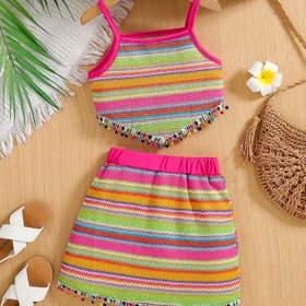 Resim Kızlar için 2 Parça Set, Etnik Çizgili Örgü Jersey Volanlı Camisole Üst + Fırfırlı Etek Midi Kıyafet Modası Günlük Giyim, Açık Hava Piknikleri, Banketler, İlkbahar/Yaz Koleksiyonu 