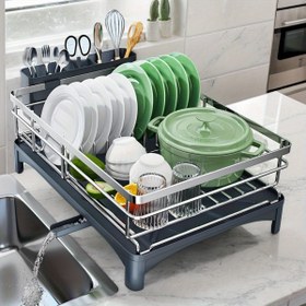 Resim Paslanmaz Çelik Mutfak Düzenleyici - Büyük Kapasiteli, 360° Dönebilen Bulaşık Kurutma Rafı ve Drenaj Tepsisi ile Verimli Lavabo Depolama 