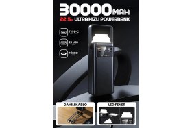 Resim Acl PW-112 22.5W Outdoor Hızlı Şarj Powerbank Siyah - 30.000mAh Kapasite, Çoklu USB Çıkış, Dahili Kablolar, LED Ekran & Kamp Lambası 