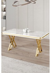 Resim Canisa Rigel Serisi 80x130 Lak Panel Beyaz Mermer Desen Masa Takımı Gold Ayaklı 4 Antrasit Sandalye Masa Beyaz Mermer Desen Sandalye Antrasit 