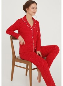Resim Luxury Viscose Kırmızı Puantiye Desenli Kadın Uzun Kollu Pijama Takımı 42563 Kırmızı 