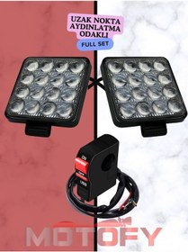 Resim Uzak Aydınlatma Odaklı Mercekli 16 Ledli Motosiklet Sis Farı Takımı + Usb'li Buton 48+48 - 96 Watt 