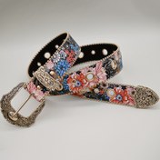 Resim Kadınlar İçin Vintage Çiçek Desenli Çok Renkli Metal Tokalı Kemer, Ayarlanabilir Bel Boyutu 50-110cm, SML Beden Tablosu Dahil 